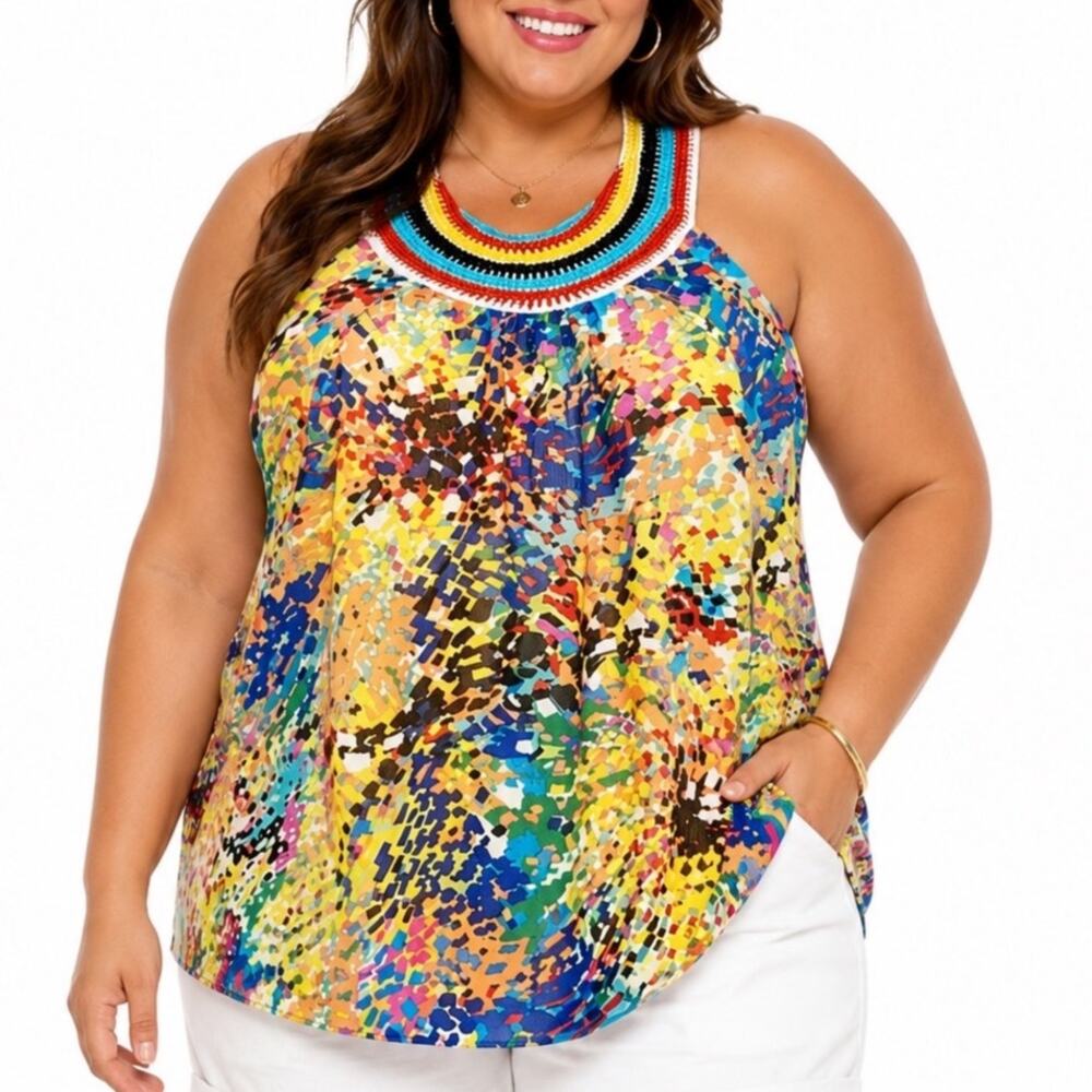 XL NY Collection Womens Rainbow Knit Confetti Print Crochet Neck Tank Top Blouse